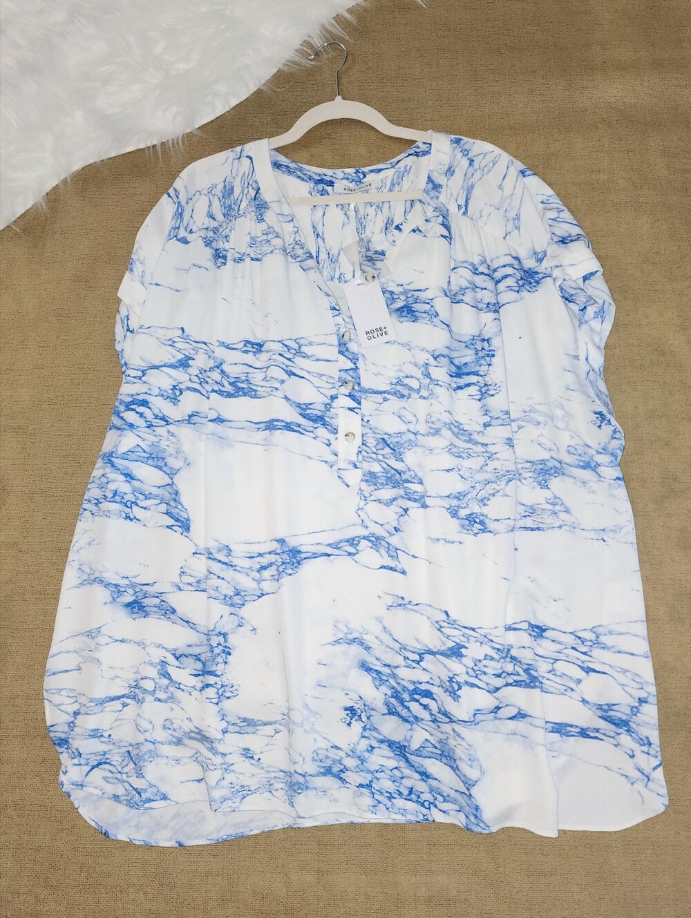 Rose & Olive White and Blue Marble Print Short Sleeve Blouse